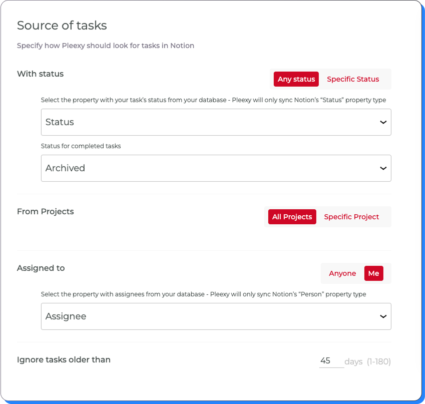 Configure how Pleexy searches for your tasks in Notion