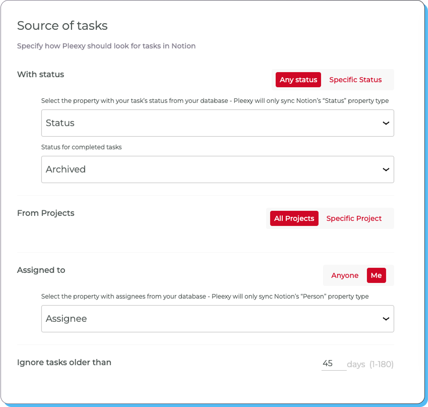 Configure how Pleexy searches for your tasks in Notion